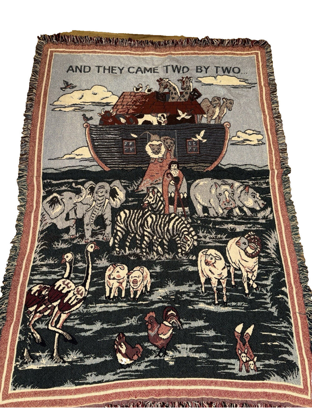 Vintage Noah's Ark Tapestry Baby Blanket Throw Fringed 1992 Nursery  country